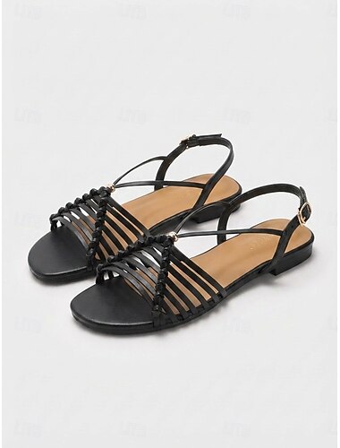  Svarte gladiatorsandaler med stropper til dame - minimalistiske bohemske flate sandaler med flettet mønster for feriesteder og sightseeing på øya &sommerreiser