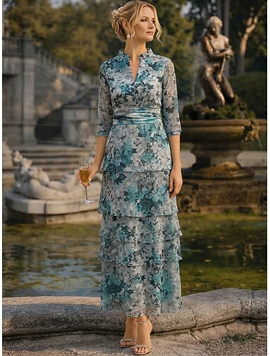  Corte A Vestidos Hasta el Tobillo Vestido Cóctel Vestido de Madrina Manga 3/4 Escote en Pico Elegante Casual Formal Invitado a la boda Festivos Gasa con Estampado flor Volantes Volantes en Cascada