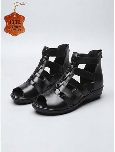  Sandales gladiateur noires pour femmes – sandales à bout ouvert en cuir de vachette véritable, chaussures de marche décontractées à brides multiples pour les voyages et le travail &vêtements de tous