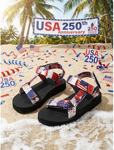  Γυναικεία κόκκινα μπλε σανδάλια με ρυθμιζόμενο λουράκι και αμερικανική σημαία – ελαφριά σανδάλια θαλάσσης για διακοπές, φεστιβάλ και καθημερινή χρήση