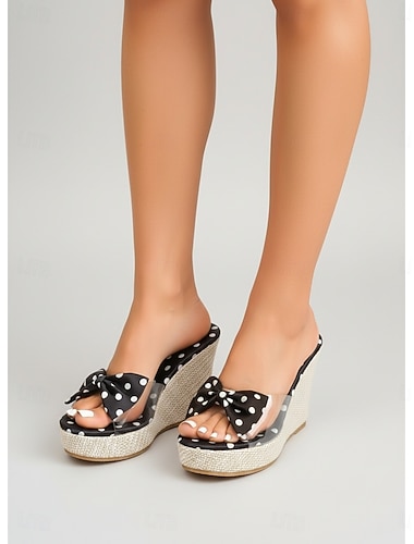  Damessandalen met stippen en strik en sleehak - trendy transparante sleehakken met espadrille-achtige zool voor luxe resortvakanties en ontspanning bij het zwembad van het hotel. &zomerse