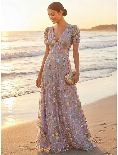  A-linje Kjoler Gulvlengde Festkjole Cocktail Kjole Kjole til brudens mor Kortermet V-hals Elegant Årgang Luksuriøs Formell Bryllupsgjest Kentucky Derby Chiffon Tyll med Blomstertrykk Broderi Blomst