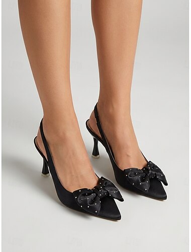  Γυναικείες μαύρες γόβες με φιόγκο – κομψές γόβες με μυτερή μύτη για κοκτέιλ πάρτι &βραδινές εκδηλώσεις