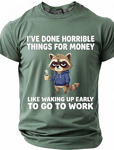  Herren-T-Shirt mit lustigem Waschbär-Motiv: „Ich habe schreckliche Dinge für Geld getan“. Kurzarm, Rundhalsausschnitt, müder Waschbär beim Kaffeetrinken. Bürohumor, sarkastisches Geschenk für