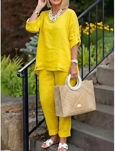  Dames Broeken Sets Imitatie katoenlinnen Mouwloos Strakke ronde hals Effen Kleur Modieus Streetwear Casual Dagelijks Buiten blauw Wit Geel Lente zomer Ruim Passend