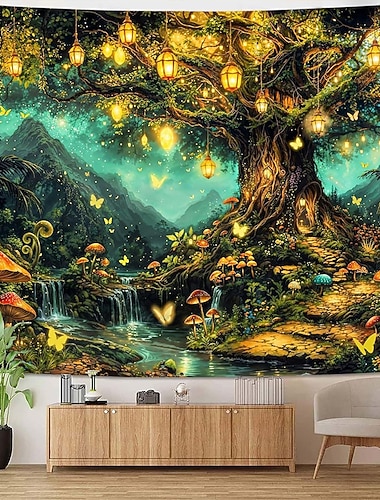  Fantasievoller Wandteppich mit magischem Wald, leuchtenden Riesenbaumlaternen, rotem Pilzwasserfall, Schmetterlingen und mystischer Landschaft – großes Stoffposter für Schlafzimmer und Kinderzimmer.