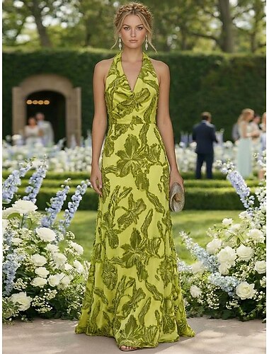  A-Linie Schlauchkleid Bodenlang Abendkleid Elegant Blumen seidig Ärmellos Wasserfallausschnitt Gartenparty Hochzeit Tasche Satin Jacquard Rückenfrei mit Quaste