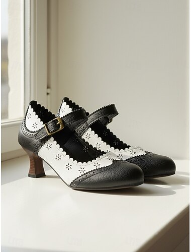  damska z lat 50. vintage czarna &białe buty typu „mari jane” – eleganckie brogsy z wycięciami na nogawkach, idealne na imprezy retro i wydarzenia akademickie &klasyczny kobiecy styl