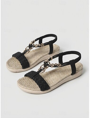  Dames boho zwarte sandalen - comfortabele, handgeweven platte sandalen van gevlochten touw met verstelbare gesp, ideaal voor buitenactiviteiten, resorts en strandvakanties. &zomerse wandelingen