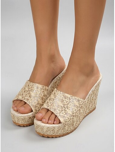  Sandálias femininas bege de renda com salto anabela – sapatos elegantes de calçar para festas no jardim no verão.