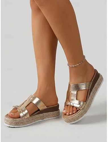  Mujer Vacaciones Isla y crucero Tacón Cuña Dedo redondo Vacaciones Cuero Sintético Mocasín Plata Dorado