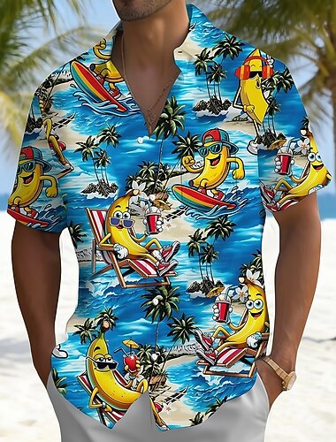  Per uomo Albero di Cocco Banana Surf Camicia hawaiana estiva Camicia con Bottoni Camicia Aloha Manica Corta Hawaiano Divertente Vacanza Estate Primavera Collo ripiegato Stampa 3D camicie con colletto