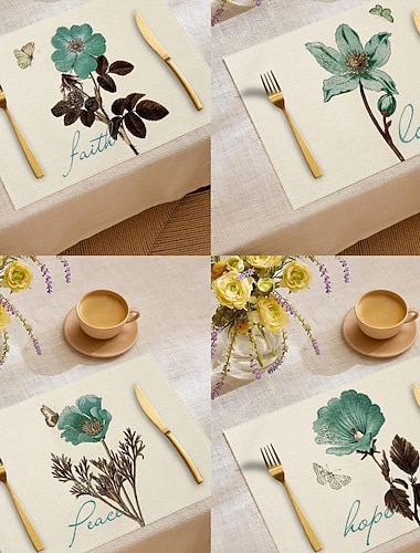  Tischset „Vier Jahreszeiten Iris Schmetterling“, rechteckige Tischdecke aus 100 % gewebtem Polyester, florales Schmetterlingsmuster, maschinenwaschbar, hitzebeständig, fleckenabweisend