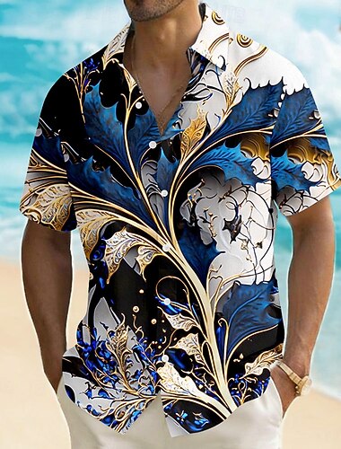  Herre 3D Print Planter Tropisk blad Skjorte Hawaii skjorte Tropiske skjorter Kortermet Hawaiisk Strandferie Sommer Vår Aftæpning 3D-utskrift Skjorter med knapper Blå Lilla Grønn