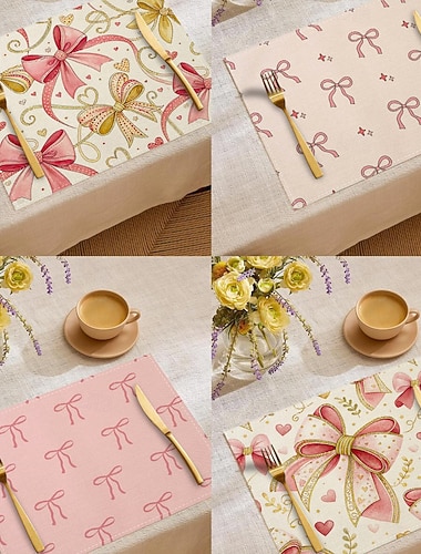  Tischset aus Polyester mit rosa Schleifenmuster, waschbar, rutschfest, strapazierfähig und hitzebeständig, für den Esstisch geeignet, modernes Wohnaccessoire, saisonal verwendbar für Frühling, Sommer,