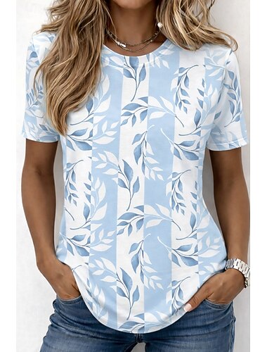  Жен. Футболка С принтом Омбре Цветочный принт Графика Стиль Классика На каждый день С короткими рукавами Вырез под горло Круглый вырез Обычные топы Повседневные Синий Светло-лиловый Светло-синий