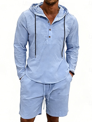  Herren Leinenhemd Zweiteilig Popover-Hemd Und Shorts Leinenshorts Strandshorts Set Einfach Täglich Outdoor Urlaub Mit Kapuze Langarm Sommer Mode Lässig Bequem Bekleidung
