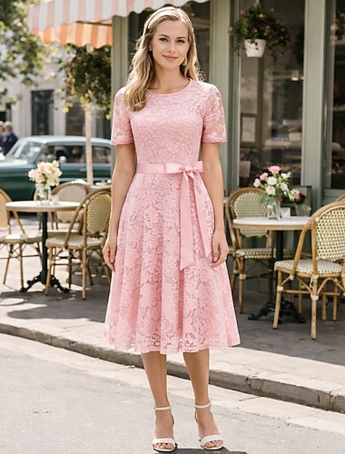 Elegant 1950-tallet Middag Kjoler Korte ermer Blonde Sløyfe Blomstret A-linje Rund hals Kostyme Dame Avslappet Fest Hverdag Voksen Kjole 1 belte Vår sommer