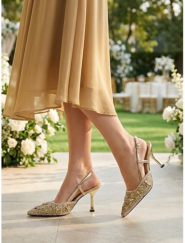  Gullutsmykkede slingback-hæler til dame – elegante pumps med spiss tå for bryllupsgjester i hagen &formelle sommerarrangementer