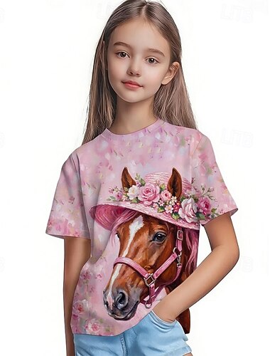  Derby du Kentucky Fille 3D Graphique Cheval T-shirt Manche Courte Impression 3D Été Printemps Sports Mode Streetwear Enfants 4-12 ans Col Rond Occasionnel Quotidien Extérieur Coupe régulière