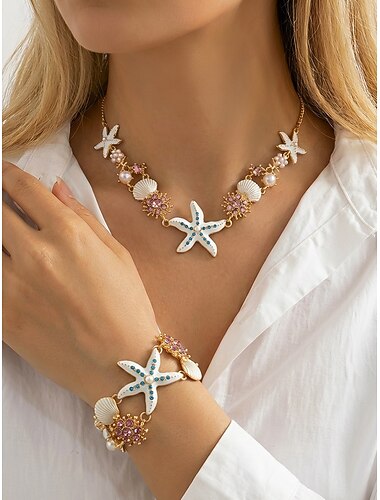  Halsband och armband i bohemiskt legering med blått och vitt sjöstjärnehänge för kvinnor, smycken för strandsemester, resortstil och vardagskläder
