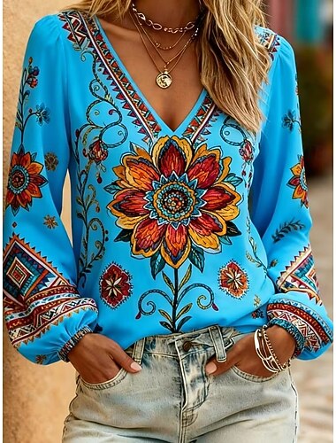  Dam Skjorta Boho skjorta Mönster Blommig Grafisk Elegant bohemliv Semester Långärmad V-hals Vanliga toppar Ledigt Dagligen Helgdag Blå Svart Gul Rodnande Rosa Marinblå Sommar Vår