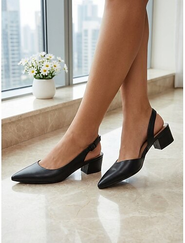  Professionele zwarte pumps met spitse neus en open hiel voor dames - comfortabele schoen met blokhak van imitatieleer voor op kantoor, zakelijke bijeenkomsten en woon-werkverkeer.