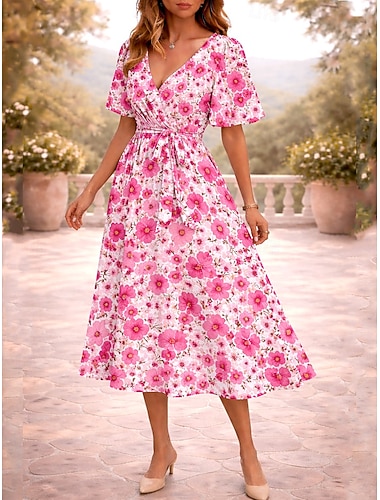 Ostern Damen Midikleid A Linie Kleid Bandage Kleid Rüschenkleid Urlaub Lässig Trompetenärmel Ferien Date Normale Passform Blumen Grafik Kurzarm V Ausschnitt Rosa Sommer Frühling
