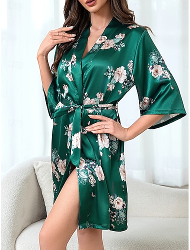  Dame lounge Kappe Nattkjole Mote Fritid Blomstret Grafisk Silkemyke satengpysjamas Lapper Kjoler Feriereise Gate Stevnemøte Langermet Crew-hals Grønn Sommer Vår Normal