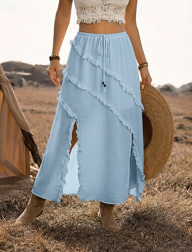  Dame Ferieskjørt Bohem Årgang Mote Maksi Høy Midje Skjørt Uelastisk Blå Svart Hvit Rød Sommer Polyester