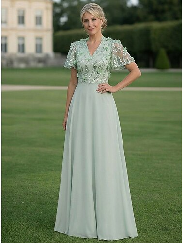  Ligne A Robe Longueur au sol Robe en Dentelle Robe de Mère de Mariée  Manche Courte Col en V Élégant ancien Luxueux Formel robe demoiselle d honneur Semi-Formel Chiffon Dentelle avec Fleurs 3D