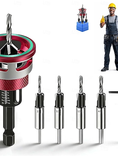  Zweischneidiger Senkbohrer mit Tiefenanschlag, 4-teiliges Set vierschneidiger Kegelbohrer mit verstellbarem Tiefenanschlag, Senkbohrer für Holzbearbeitung, Schreinerei und Heimwerkerprojekte