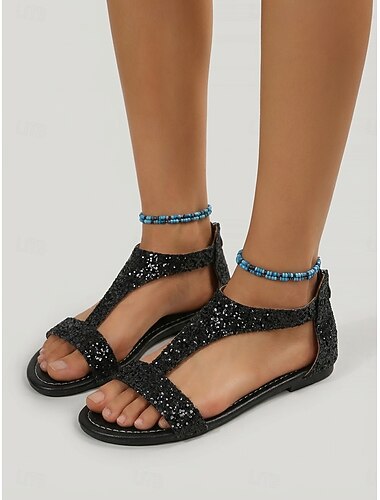  Sprankelende zwarte platte sandalen met T-bandje voor dames - chique glitter voor strandvakanties, wandelingen langs de kust en reizen naar tropische eilanden.