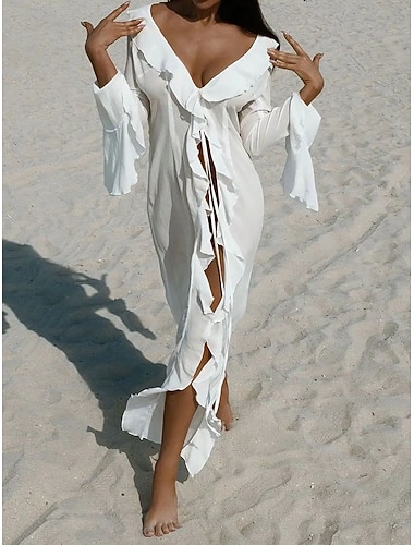  Damen Badeanzug Überwurf Badeanzugkleid Kleid Bademode Gerafft Vorderknoten Urlaub Strandbekleidung Einfach V Ausschnitt Langarm Badeanzüge