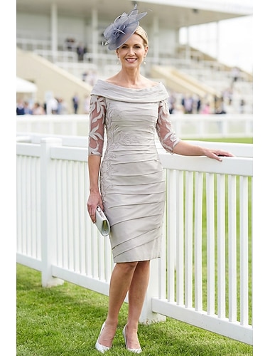  Strak kolom Tot de knie Feestjurk Cocktail jurk Bruiloft gast jurk Moeder van de bruid jurk Halve mouw Schouderafhangend Elegant Bruiloft gast Bruiloft Taft met Appliqués Ruches