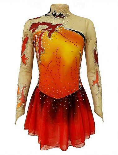  Robe de patinage artistique Femmes Fille Patinage Robe Rouge jaune. Trou de pouce Vernis à gel Halo Maille Spandex Élastique Entraînement Pratique Professionnel Tenue de Patinage Chaleur Thermique