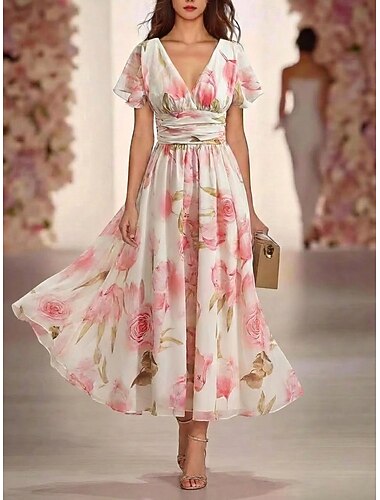  Damen Maxikleid Chiffonkleid Blumenkleid Elegant Mode Modern Täglich Urlaub Wochenende Normale Passform Blumen Kurzarm V Ausschnitt Rosa Sommer Frühling