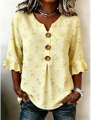  Mulheres Camisa Social Franzido Imprimir Floral Gráfico Férias Casual Boho Manga Curta Meia Manga Gola Redonda Tops longos Casual Diário Azul Amarelo Verde Escuro Cinzento Verão Primavera