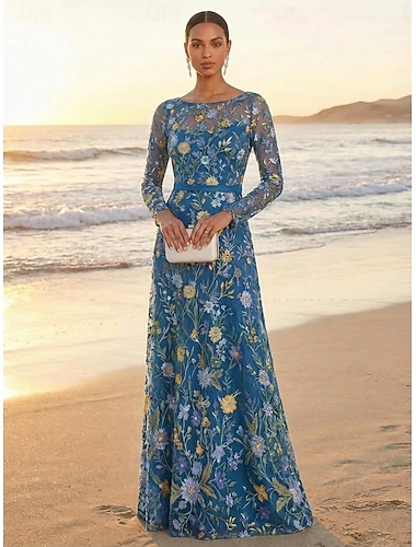  A-Linie Kleid Bodenlang Partykleid Cocktailkleid Brautmutterkleid Langarm Rundhalsausschnitt Elegant Vintage luxuriös Formell Hochzeitsgast Kentucky Derby Chiffon Tüll mit Stickerei Blume