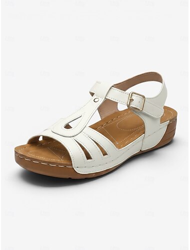  brązowe płaskie sandały z paskiem w kształcie litery T i sprzączką dla kobiet - wygodne sandały ze sztucznej skóry do codziennego noszenia i aktywności na świeżym powietrzu