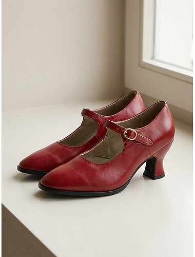  أحذية ماري جين حمراء بكعب عالٍ للنساء على الطراز الفيكتوري - أحذية كلاسيكية أنيقة &حزام كاحل قابل للتعديل للأزياء التاريخية، وأزياء لوليتا الكلاسيكية &حفلات راقية