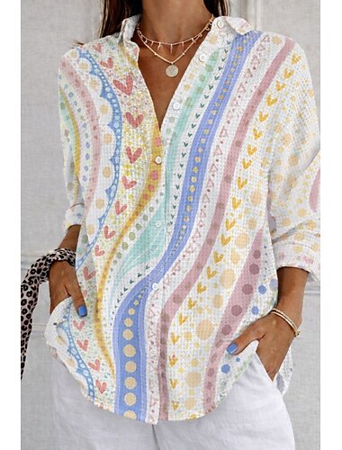  Dames Overhemd Wafel Shirt Normaal shirt Grafisch Geometrisch Elegant Vakantie Vintage Lange mouw Lange tops Lichtgroen Blozend Roze Regenboog Zomer Lente Herfst Winter