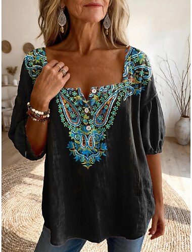  בגדי ריקוד נשים חולצה Ruched פייסלי בוהמיה חופשה וינטאג' א-סימטרי חולצות ארוכות קזו'אל יומי לבוש רחוב אדום קורל שחור חום כחול בהיר קיץ אביב