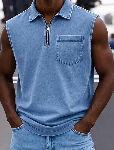  Herr Pikétröjor Tvätta skjorta i 100 % bomull Ledigt Helgdag Kavajslag Ärmlös Mode Grundläggande Slät Knappar Årgång Sommar Vår Blå Purpur Grön Grå Pikétröjor