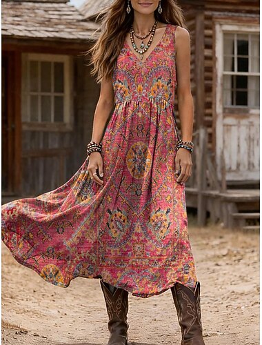  Damen Midikleid Sommerkleid A Linie Kleid Urlaub Lässig Boho Ferien Lässiger Schnitt Grafik Geometrisch Ärmellos V Ausschnitt Rosa Purpur Sommer Frühling