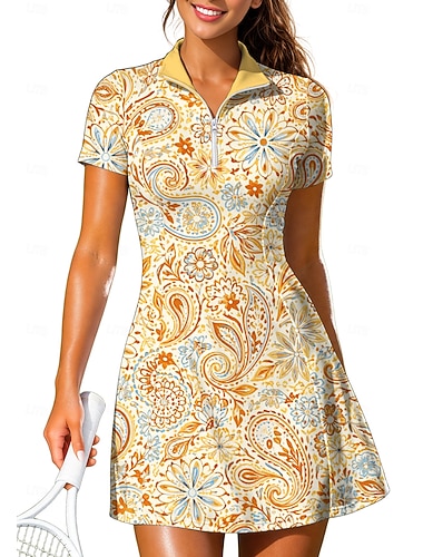  Dame Paisly Blomster Tenniskjole Sportskjole Kortermet Trykt mønster Pustende Tennis Golf Badminton Krage Polokrage Kjoler Lysegul Rosa Rød Tennis klær