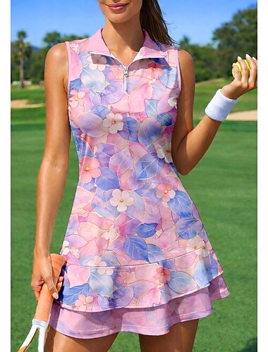  Damen Blumenmuster Sportkleid Tennis Polo Kleid Ärmellos Reißverschluss Viertel Postleitzahl Elastisch Schweißableitend Atmungsaktiv Volleyball Tennis Golfspiel Kragen Umlegekragen Kleid Rosa