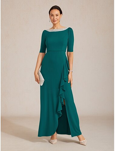  Femmes Robe maxi Robe trapèze Élégant Soirée Embelli Coupe régulière Couleur Unie Demi Manches Col ras du cou Turquoise