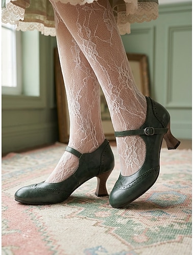  Dunkelgrüne Mary-Jane-Pumps im Vintage-Stil der 1950er-Jahre – elegante Brogue-Pumps mit Schnallenriemen für Retro-Partys und Büro. &klassischer Stil