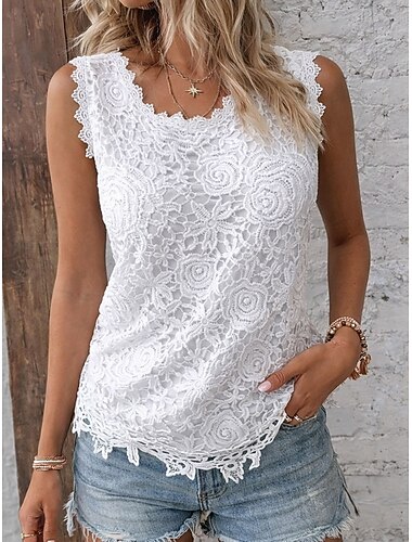  Mulheres Tops de renda Renda Patchwork Tecido Elegante Moda à moda Sem Manga Gola Redonda Tops regulares Diário Para Noite Final de semana Azul Preto Branco Rosa Vinho Verão Primavera